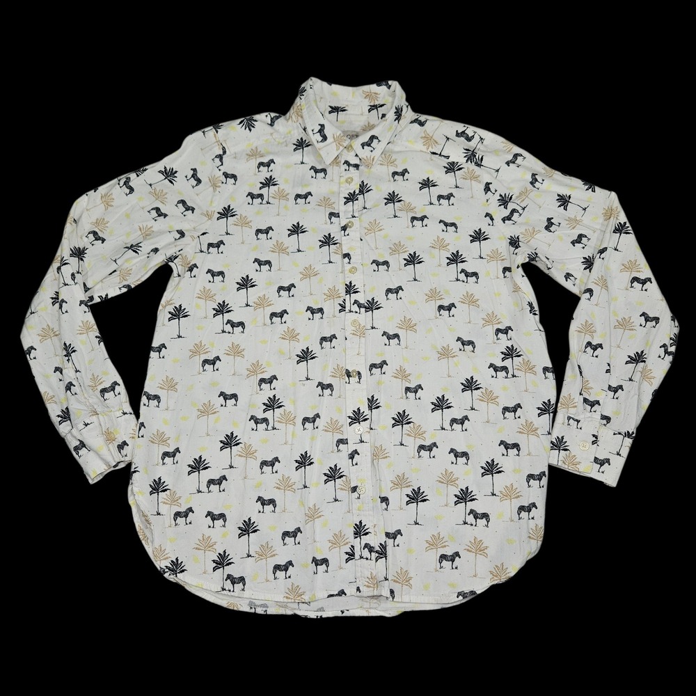 Loft Zebra Palm Tree Print Button Down Shirt White Sz S